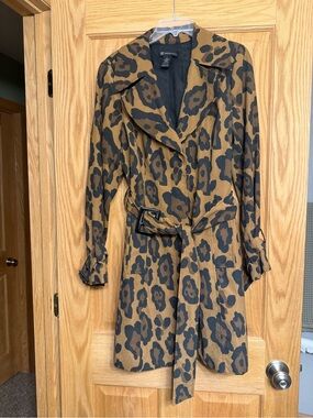 INC International Concepts Brown and Black Leopard Print Trench Coat Large